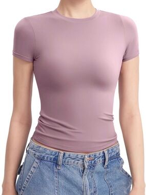 Pumiey Women’s Crew Neck Short Sleeve Double Lined Basic Tee Color Mauve M